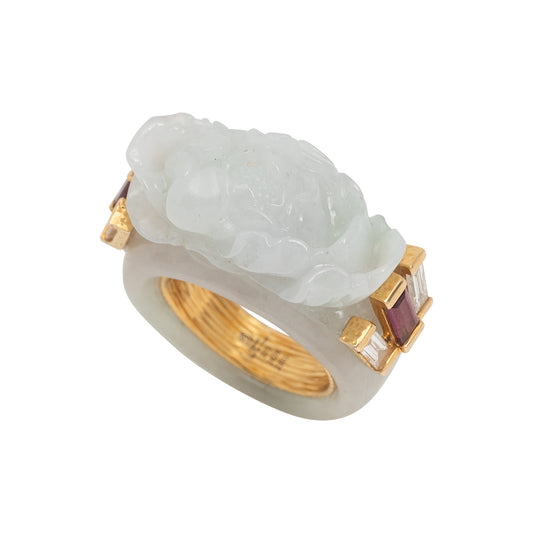 Carved Jade Ring with Diamonds and Rubellite