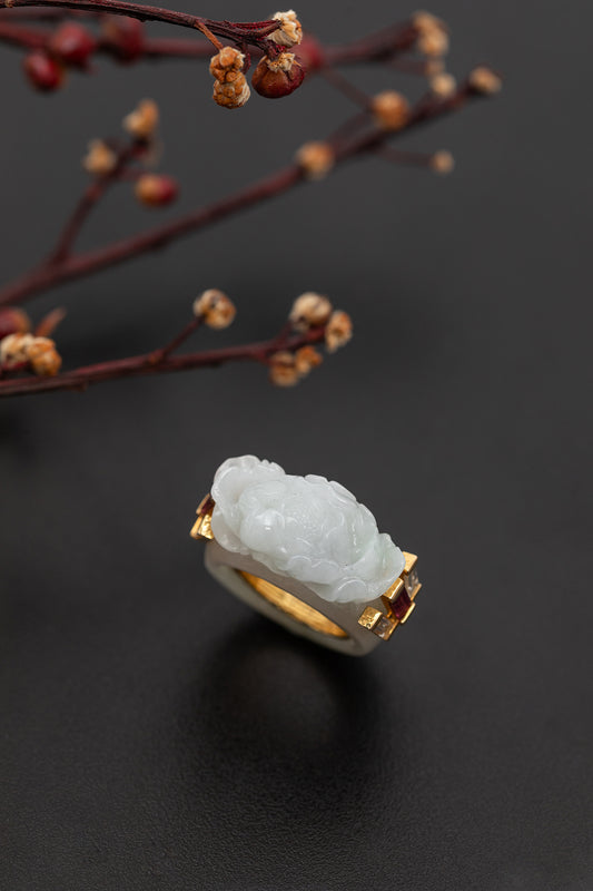 Carved Jade Ring with Diamonds and Rubellite