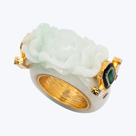 Floral Jade Ring with Emerald and Diamond