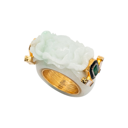 Floral Jade Ring with Emerald and Diamond