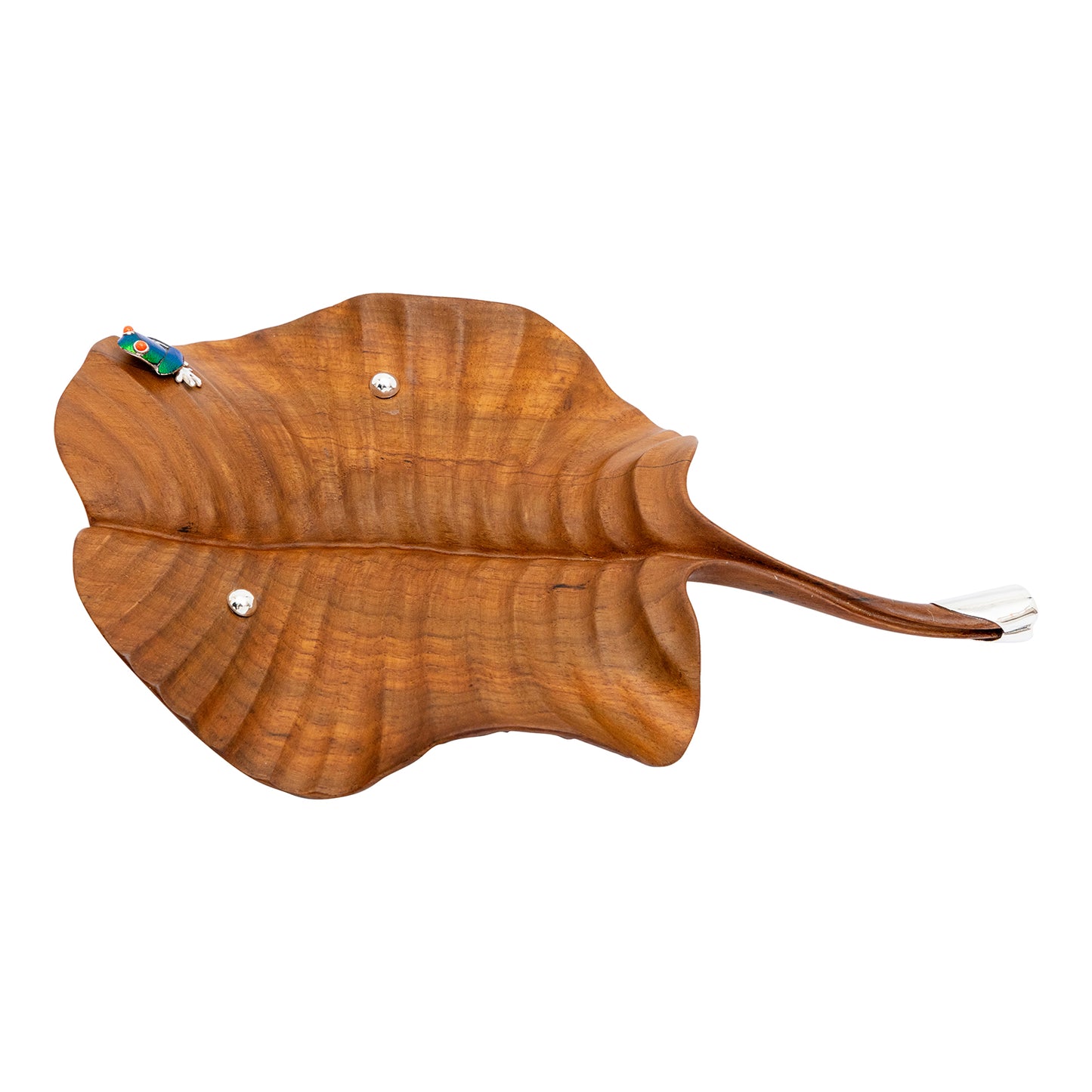 Carved Leaf Teak Bowl with Scarab Frog