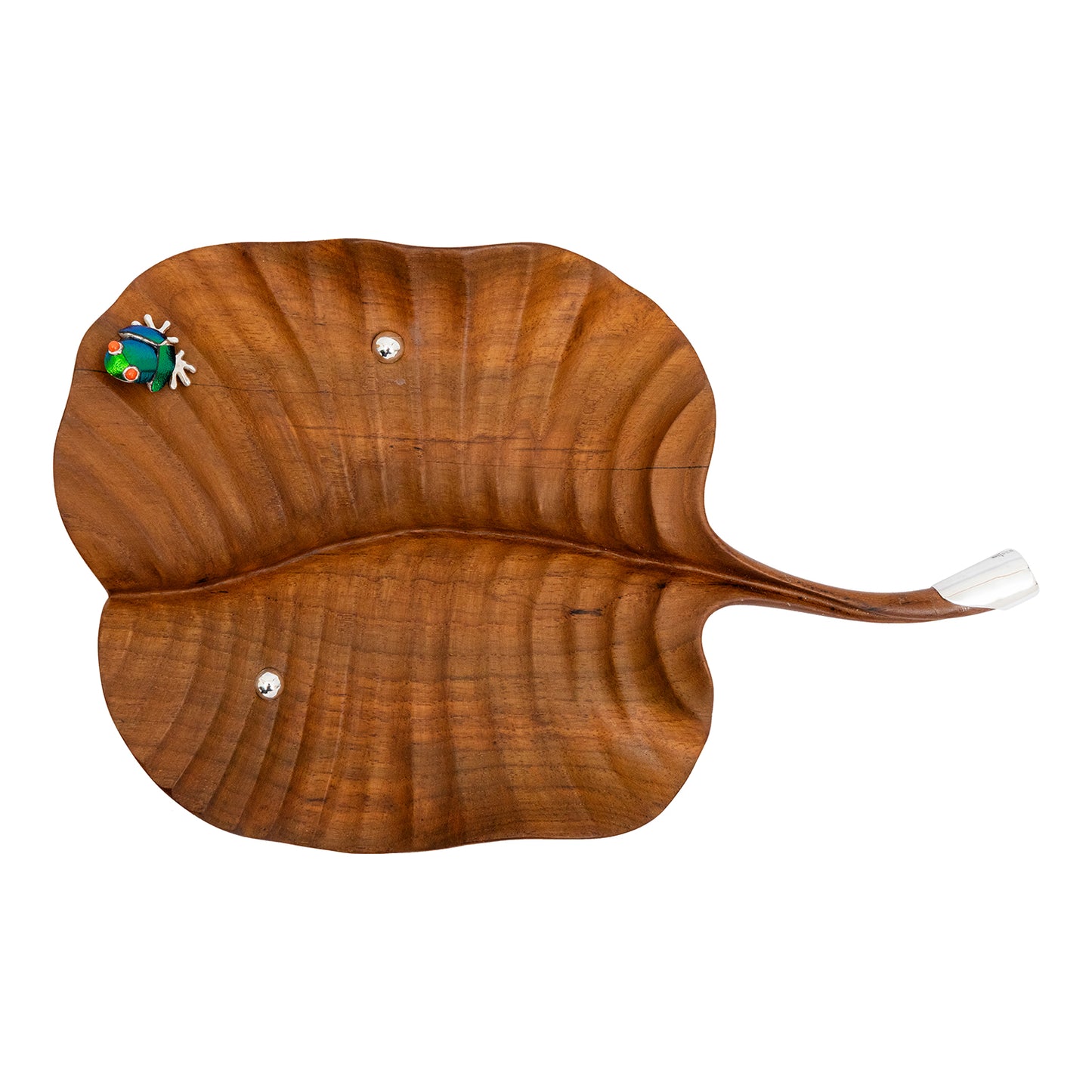 Carved Leaf Teak Bowl with Scarab Frog