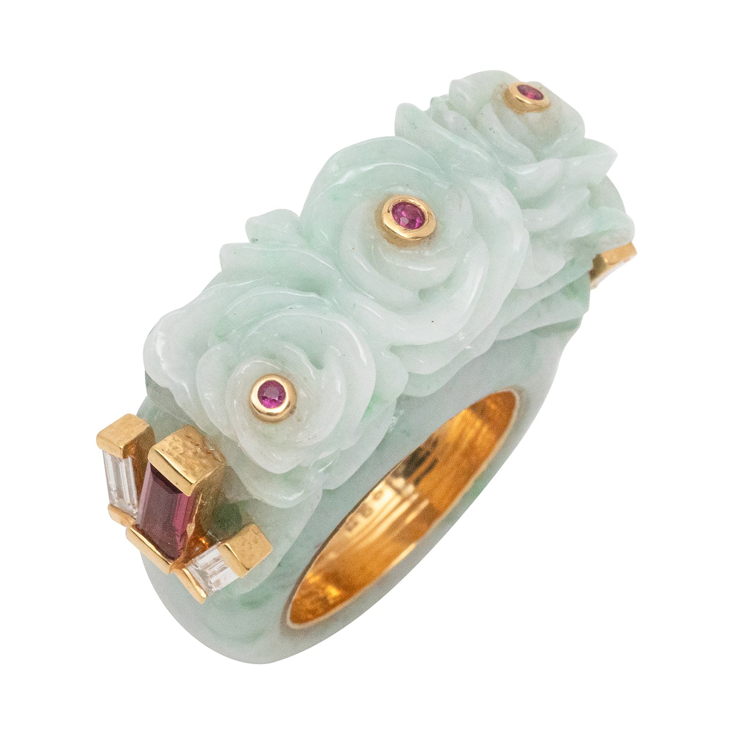 Carved Jade Ring with , Ruby, Diamond and 18k gold