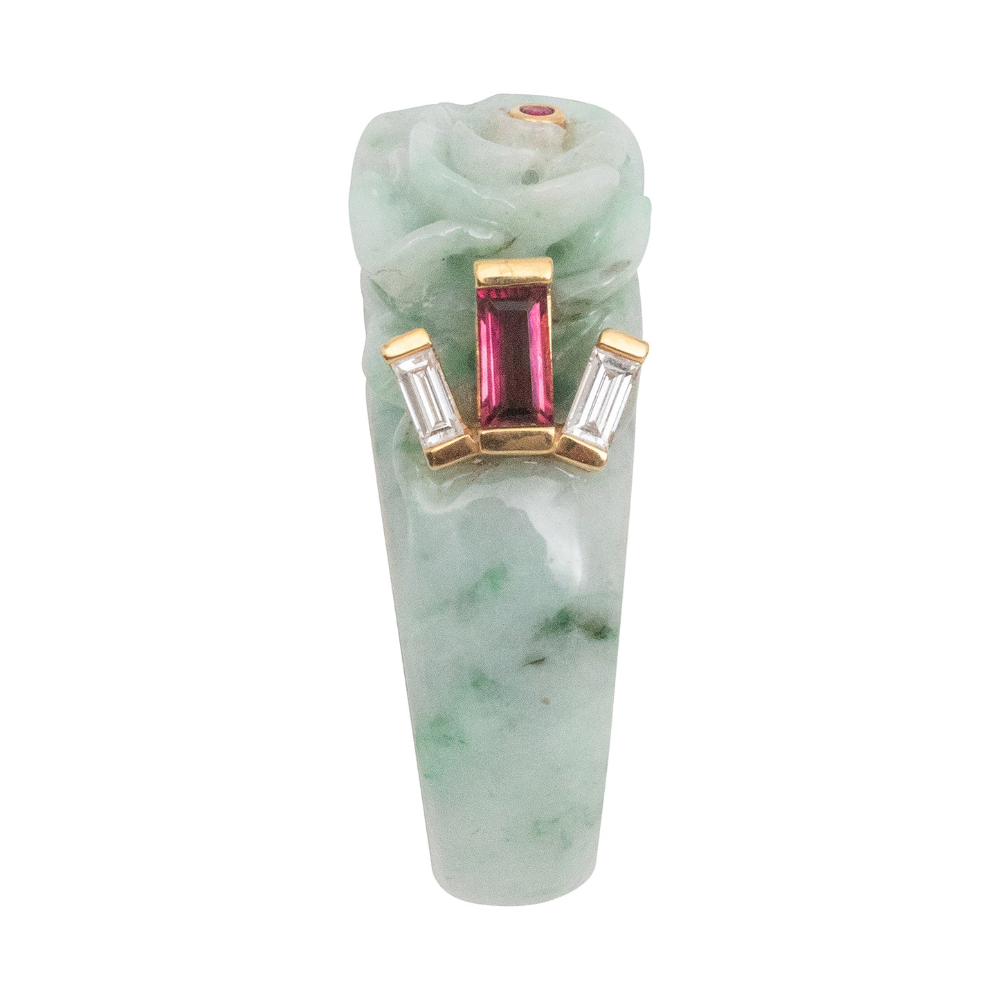 Carved Jade Ring with , Ruby, Diamond and 18k gold