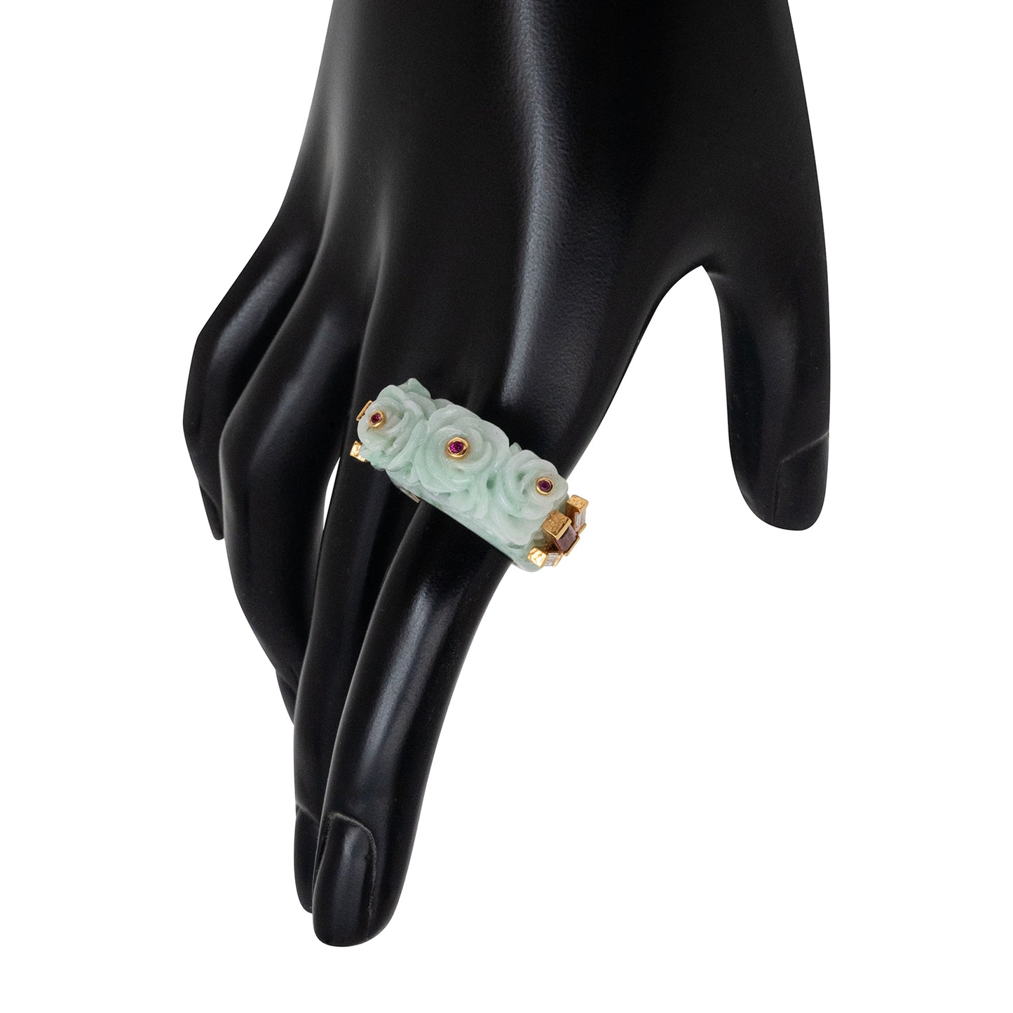 Carved Jade Ring with , Ruby, Diamond and 18k gold