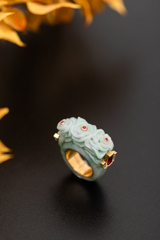 Carved Jade Ring with , Ruby, Diamond and 18k gold