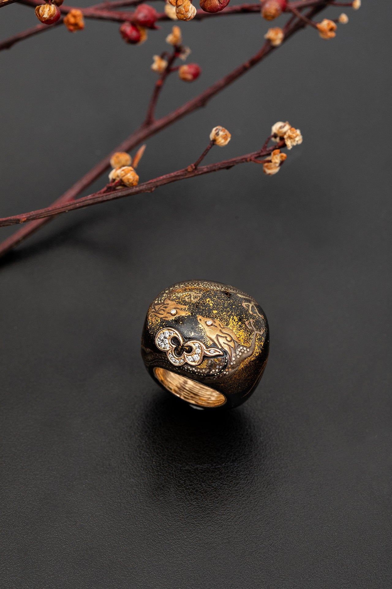 Japanese Lacquer Dragon Ring with Diamonds