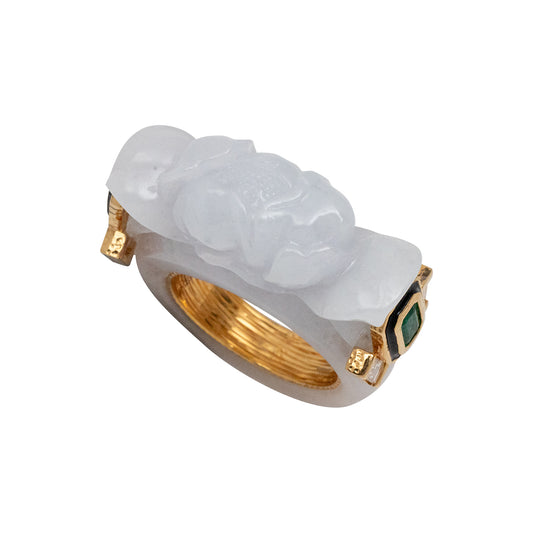 Carved Jade and Zambian Zenith Emerald Ring