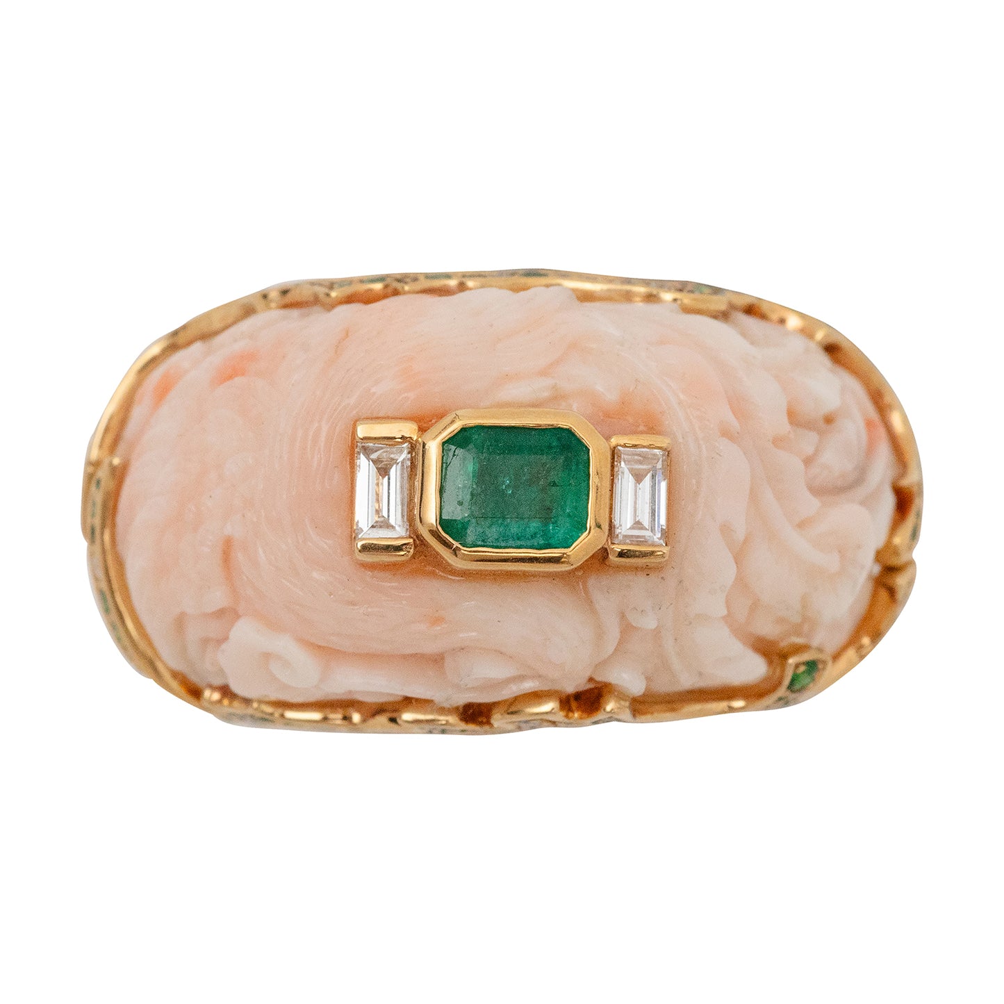 Carved Red Stone Ring with Zambian Emerald, Tsavorite, Diamond