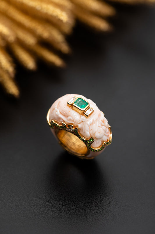 Carved Red Stone Ring with Zambian Emerald, Tsavorite, Diamond