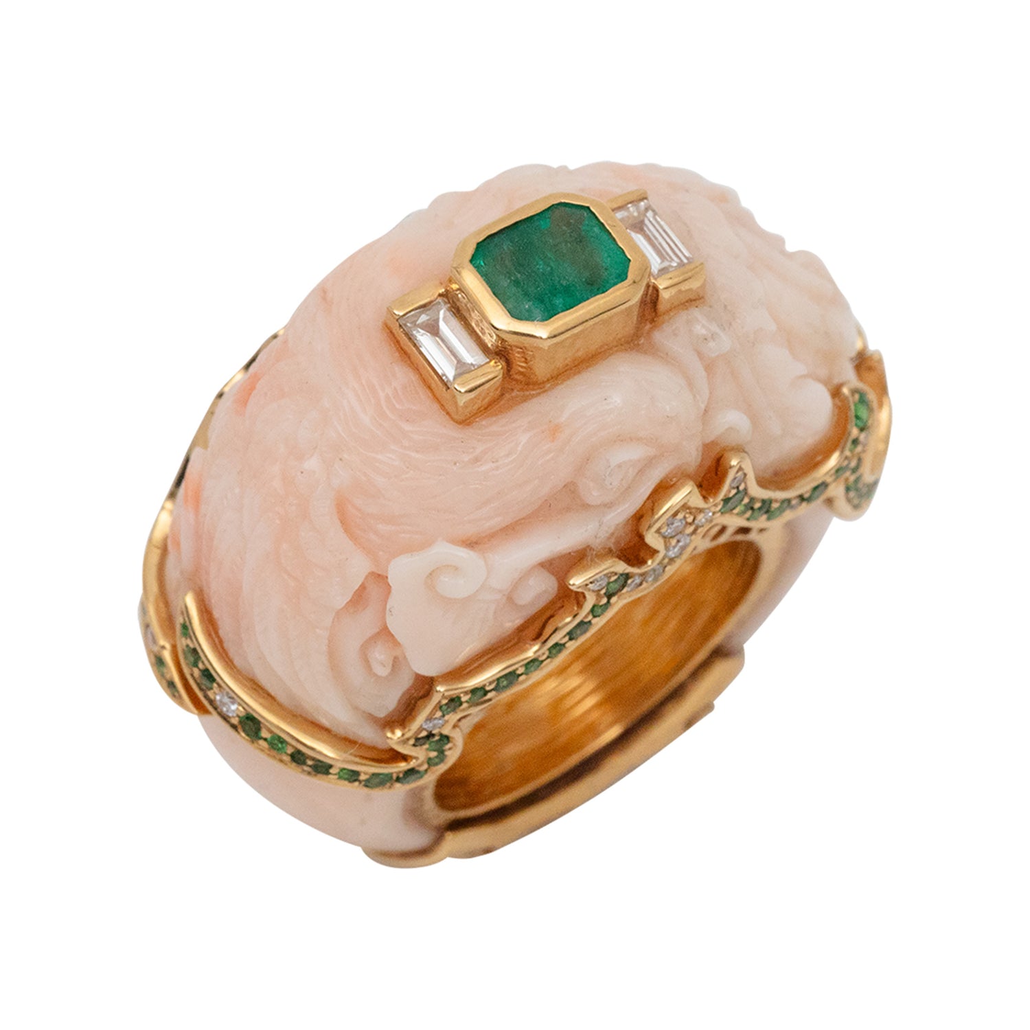 Carved Red Stone Ring with Zambian Emerald, Tsavorite, Diamond