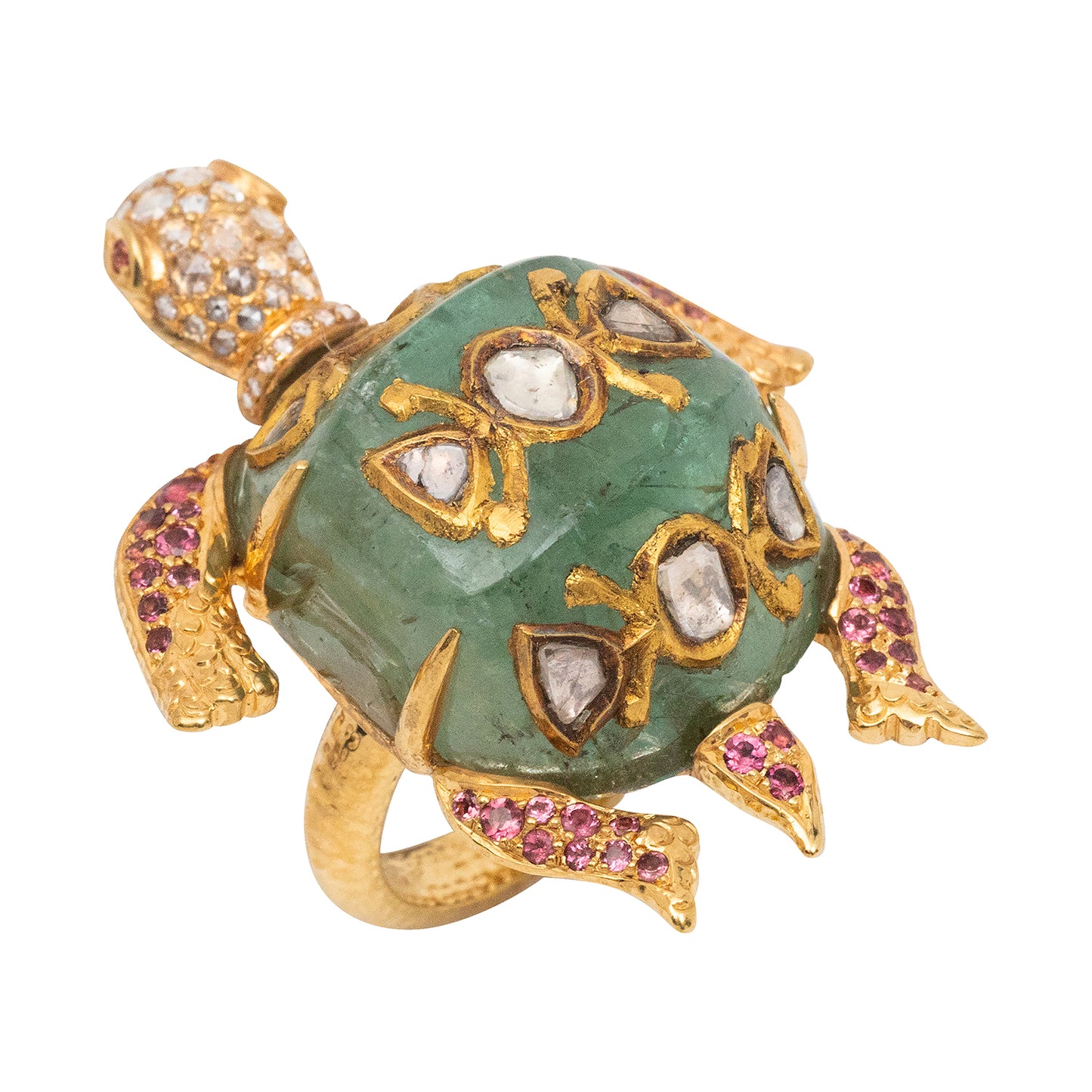 Kundan Crest Turtle Ring with Russian Emerald and Diamond Polkis