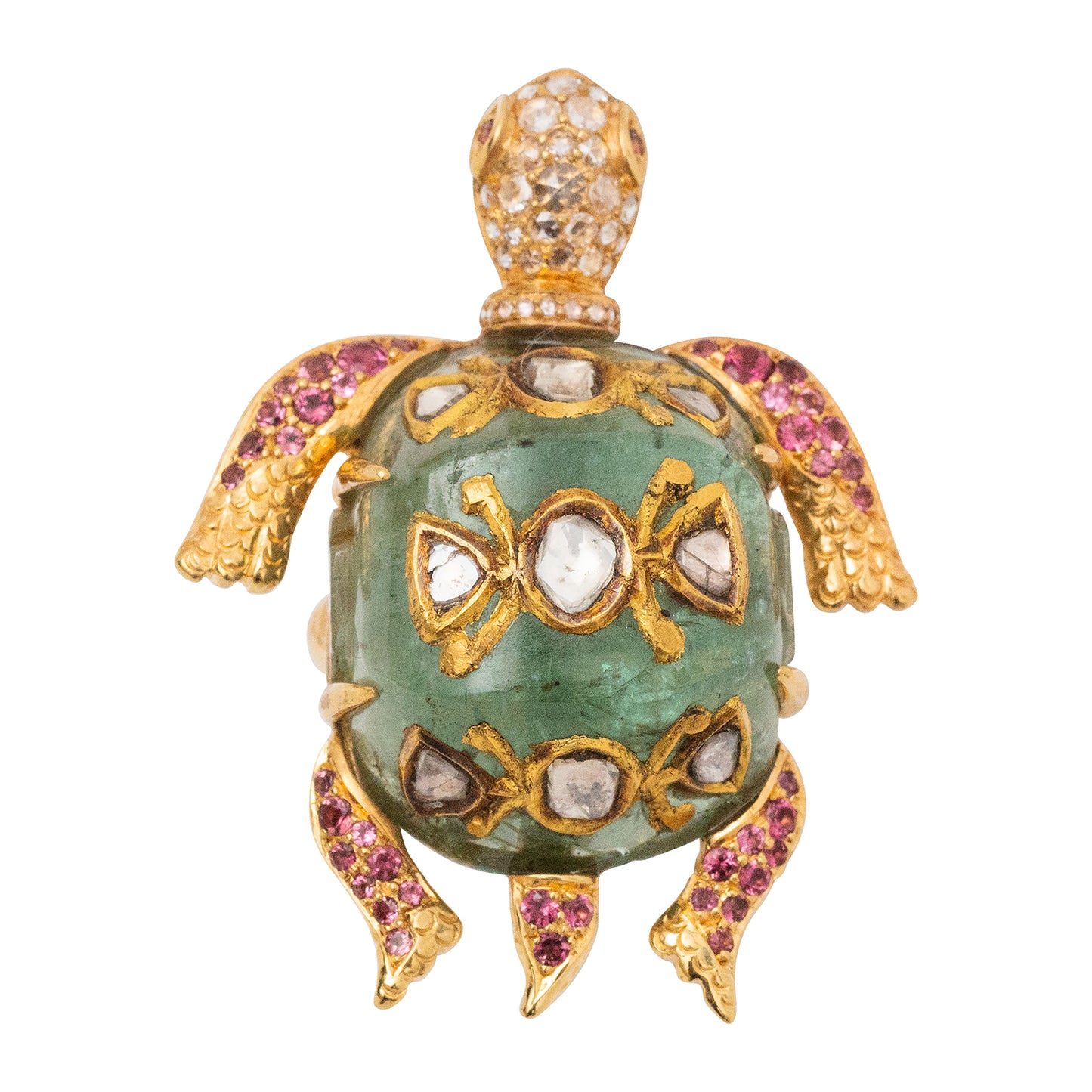 Kundan Crest Turtle Ring with Russian Emerald and Diamond Polkis