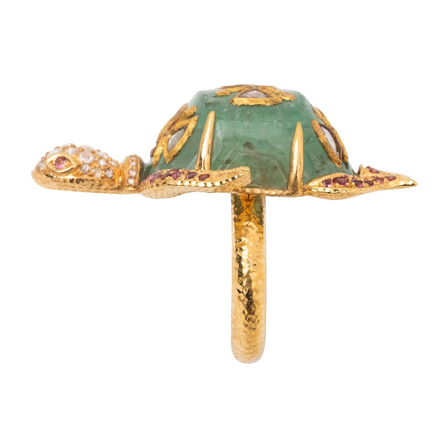 Kundan Crest Turtle Ring with Russian Emerald and Diamond Polkis