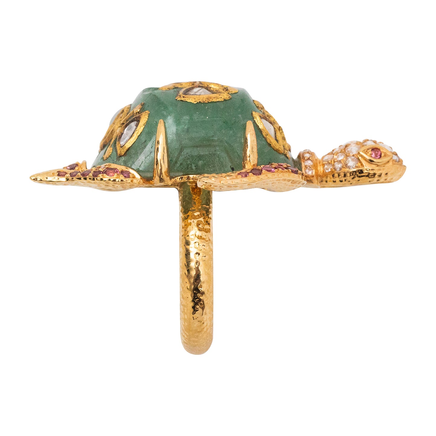 Kundan Crest Turtle Ring with Russian Emerald and Diamond Polkis