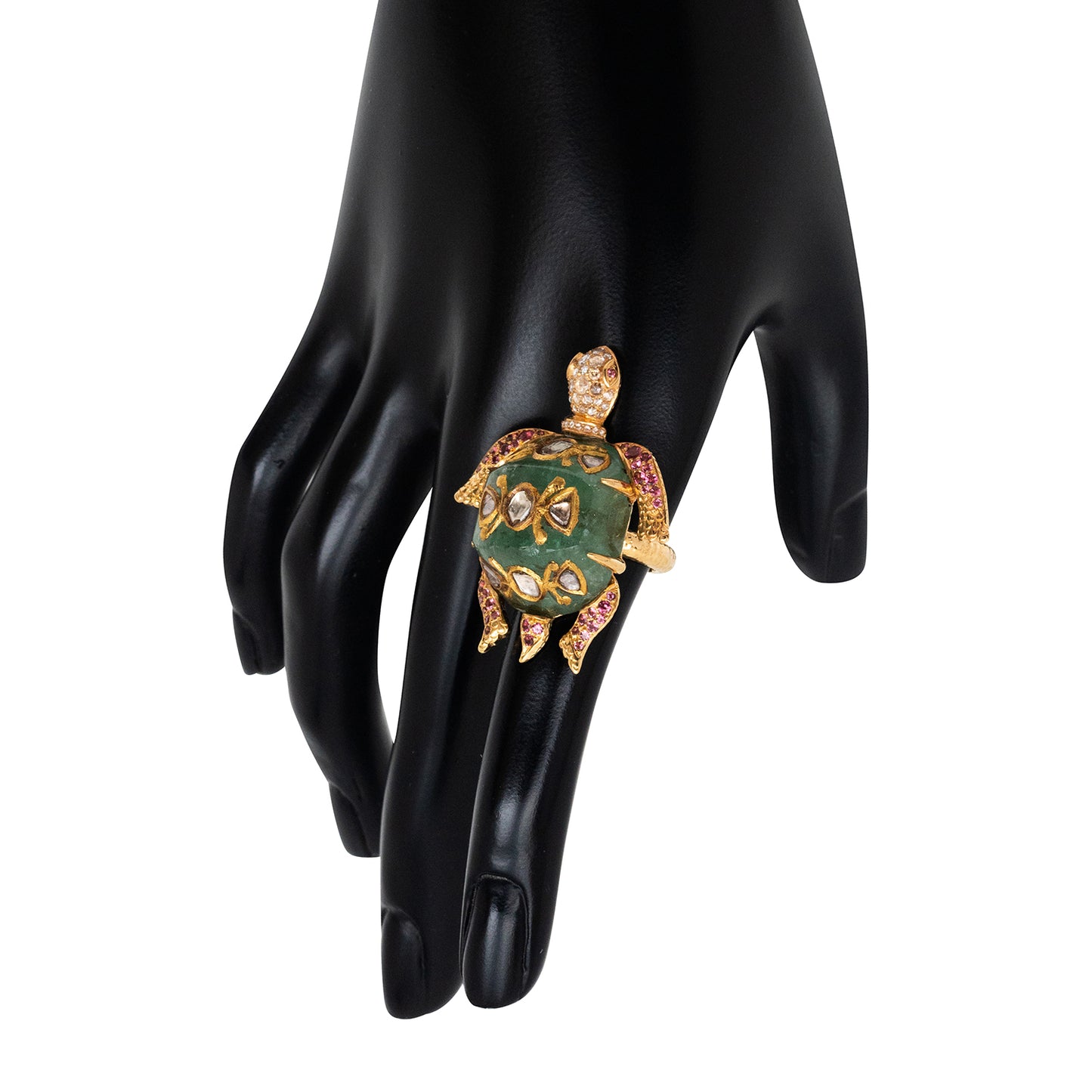 Kundan Crest Turtle Ring with Russian Emerald and Diamond Polkis