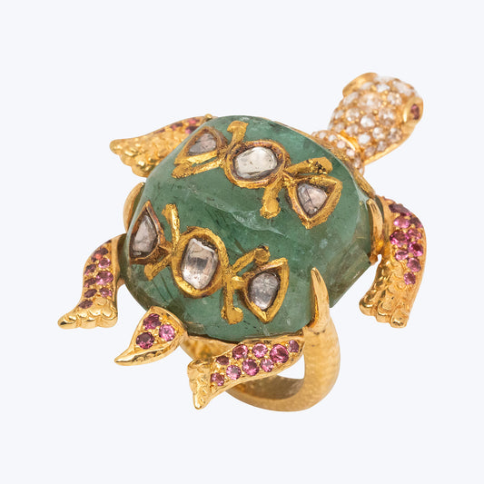 Kundan Crest Turtle Ring with Russian Emerald and Diamond Polkis