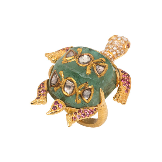 Kundan Crest Turtle Ring with Russian Emerald and Diamond Polkis