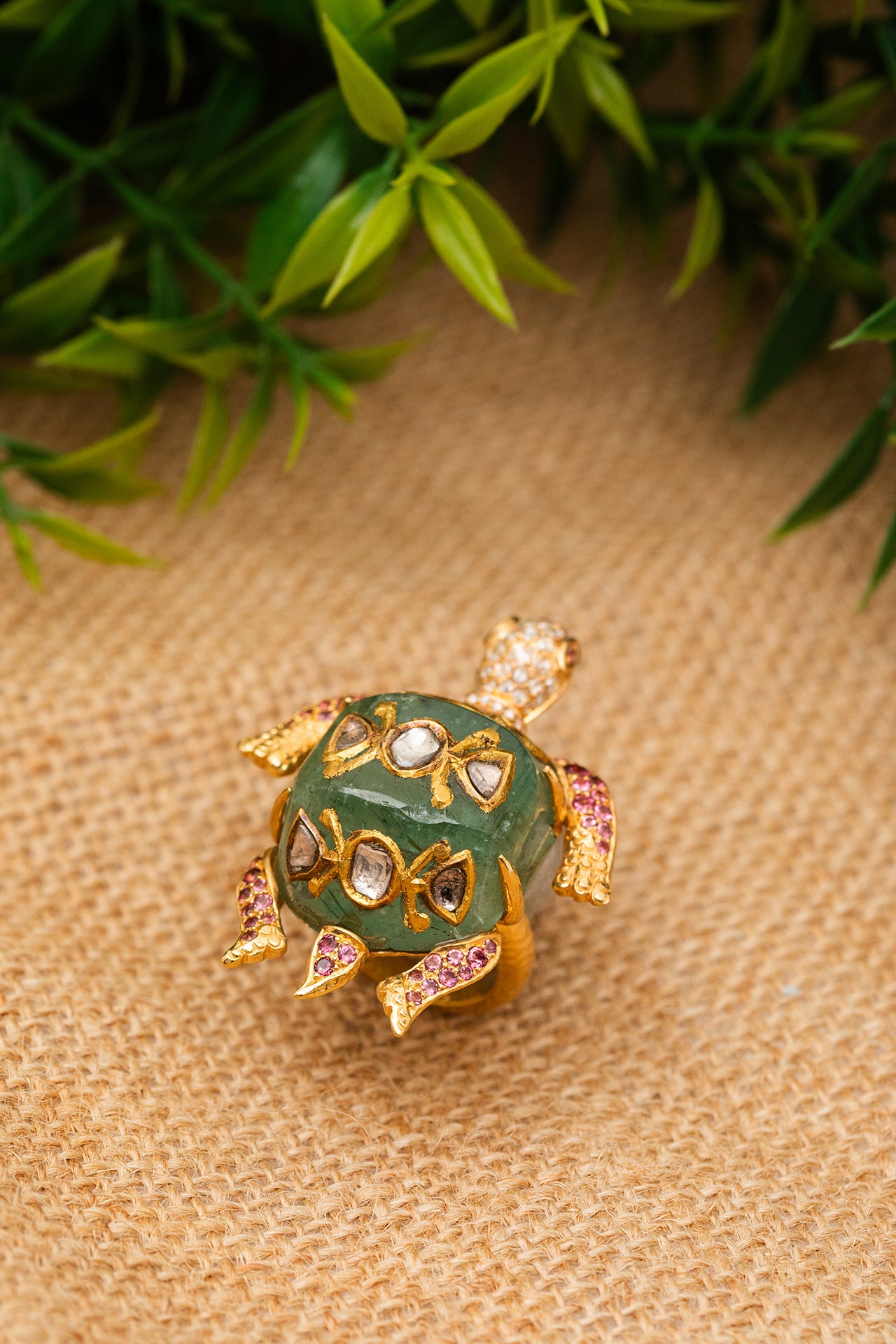 Kundan Crest Turtle Ring with Russian Emerald and Diamond Polkis