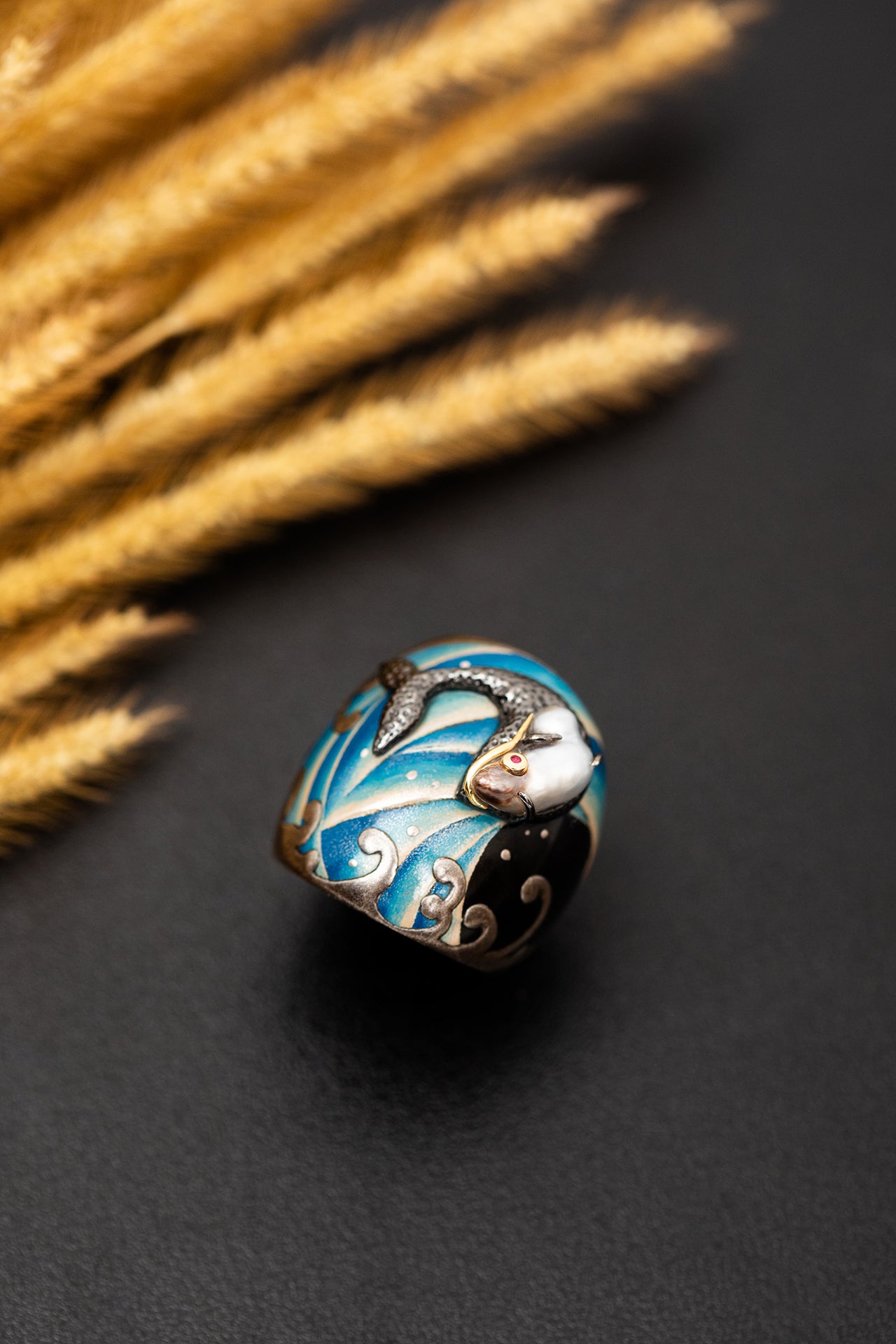Playful Dolphin Japanese Lacquer Ring (