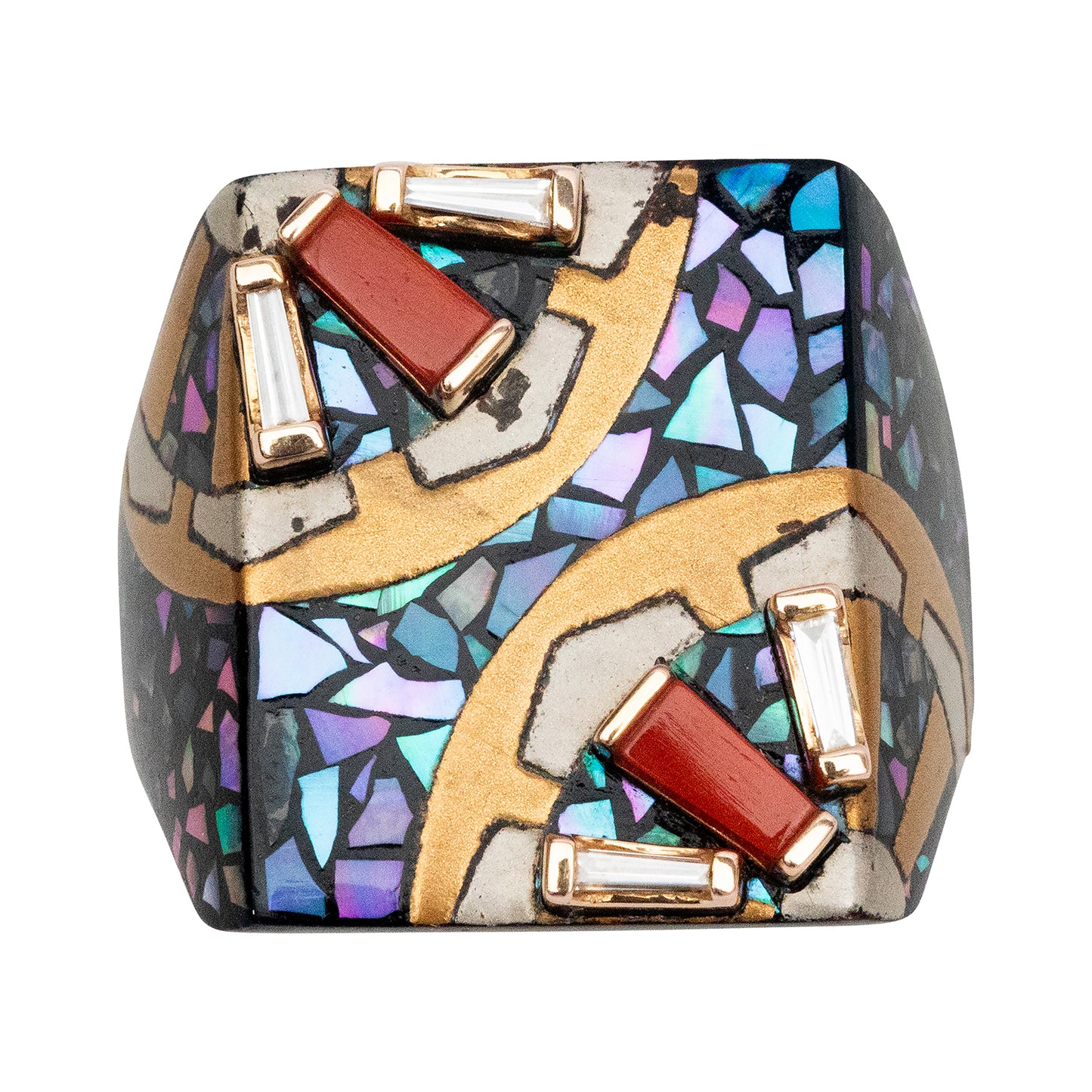 Japanese Lacquer Ring with Mosaic Shells, Red Stones and Diamonds