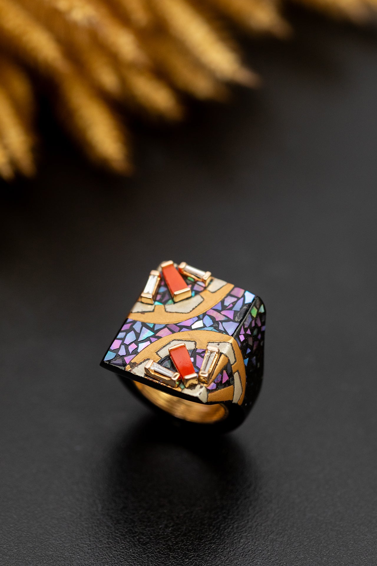 Japanese Lacquer Ring with Mosaic Shells, Red Stones and Diamonds