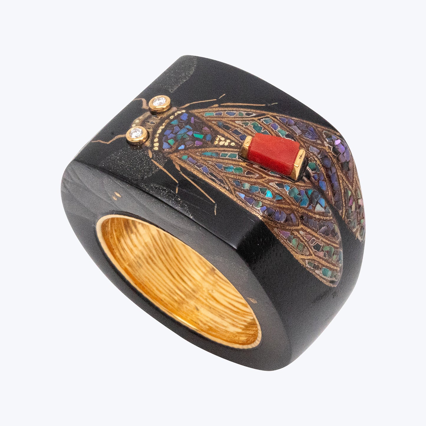 Japanese Lacquered Ring with Mosaic Butterfly