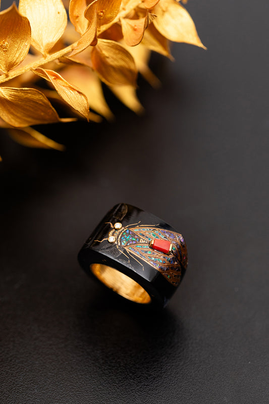 Japanese Lacquered Ring with Mosaic Butterfly