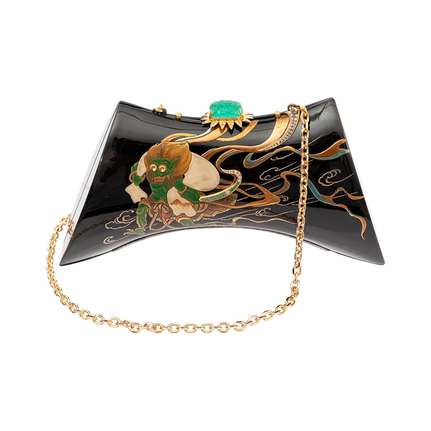 Japanese Lacquer Saddle Handbag with Carved Emerald, Diamond and Tsavorite