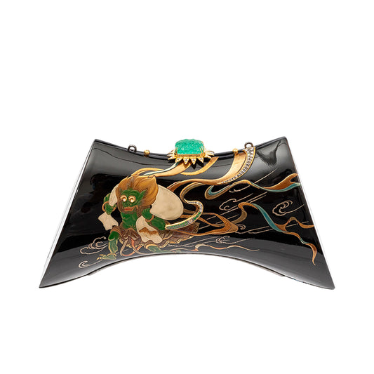 Japanese Lacquer Saddle Handbag with Carved Emerald, Diamond and Tsavorite