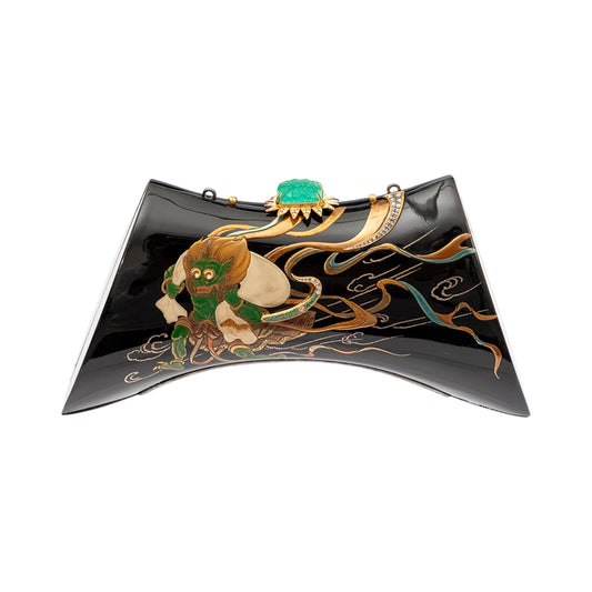 Japanese Lacquer Saddle Handbag with Carved Emerald, Diamond and Tsavorite