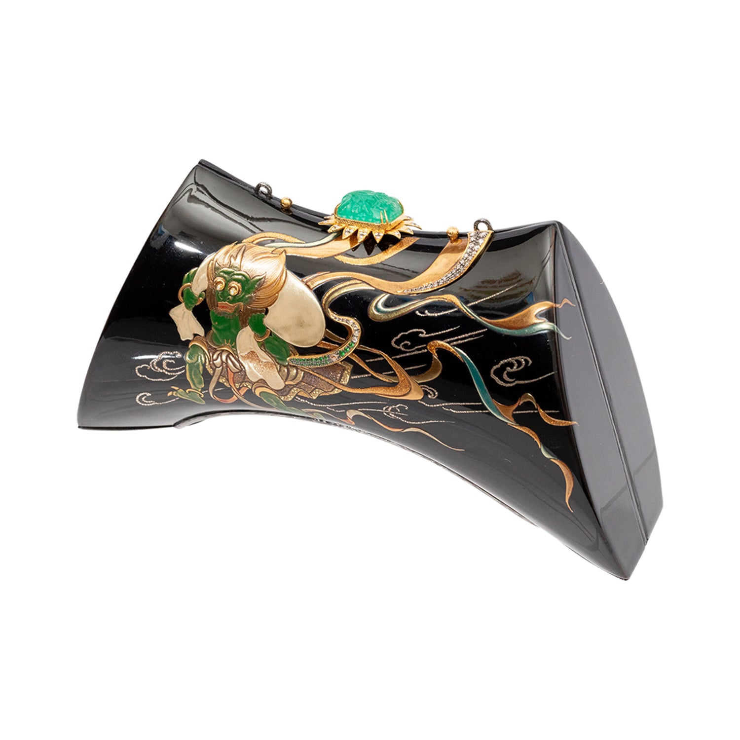 Japanese Lacquer Saddle Handbag with Carved Emerald, Diamond and Tsavorite