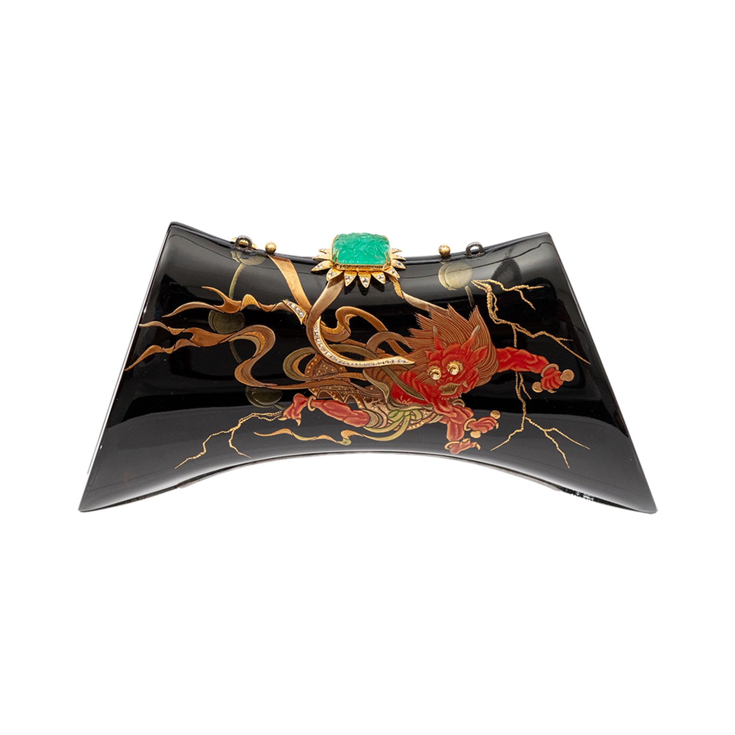 Japanese Lacquer Saddle Handbag with Carved Emerald, Diamond and Tsavorite