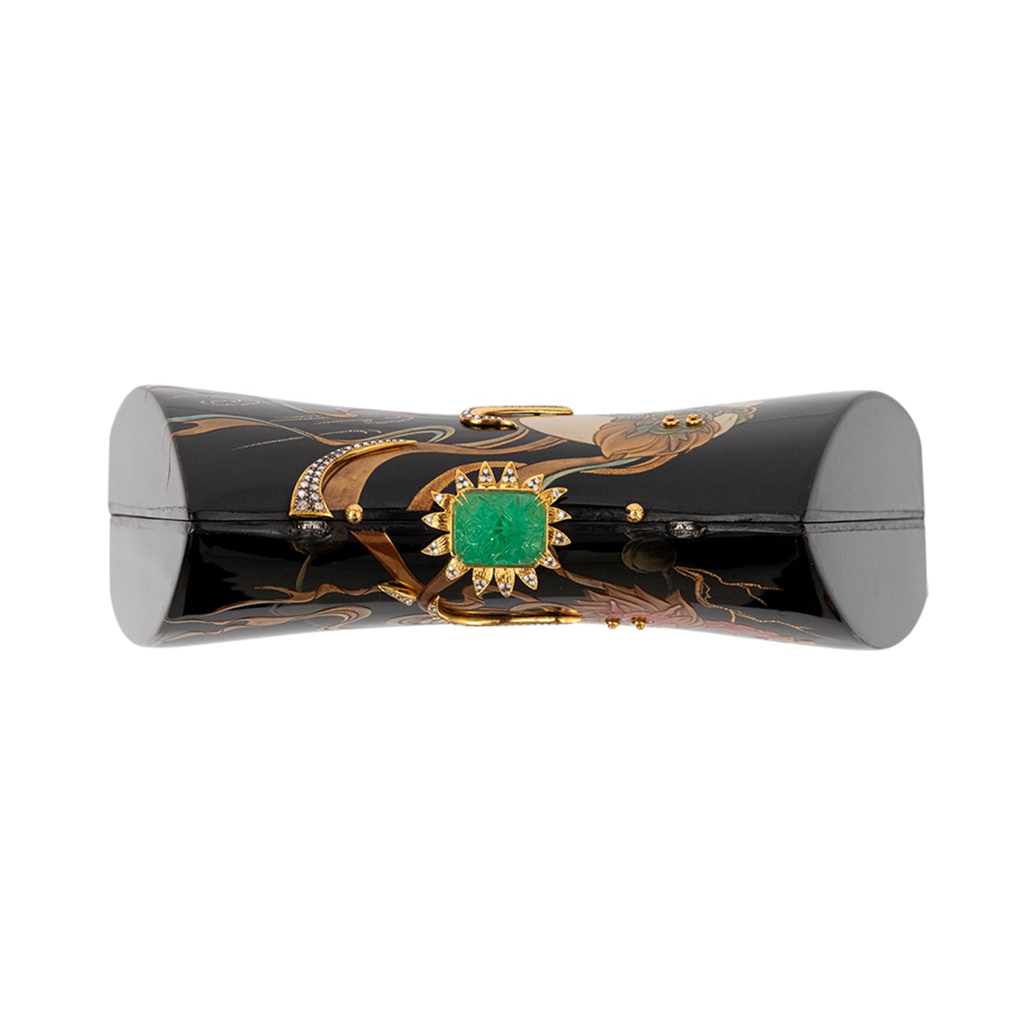 Japanese Lacquer Saddle Handbag with Carved Emerald, Diamond and Tsavorite