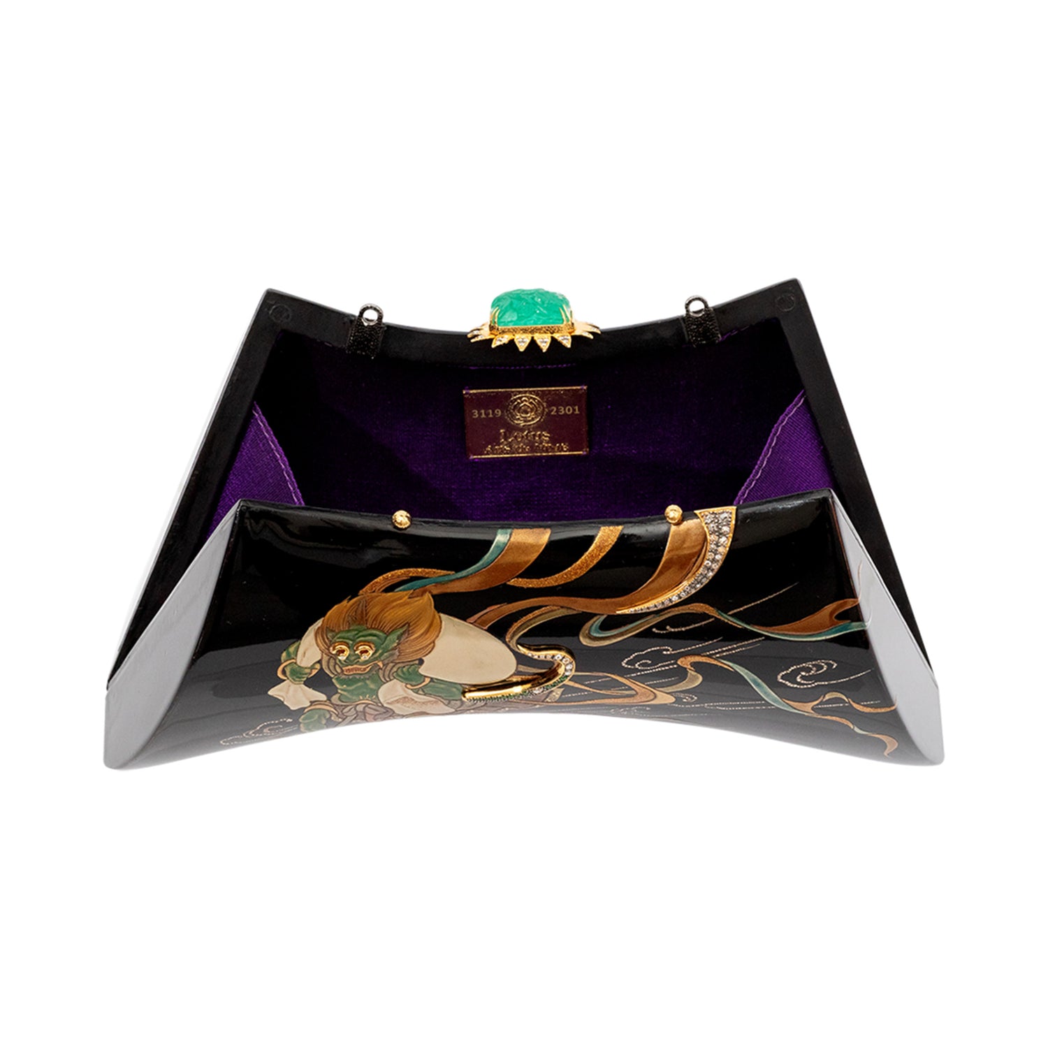 Japanese Lacquer Saddle Handbag with Carved Emerald, Diamond and Tsavorite