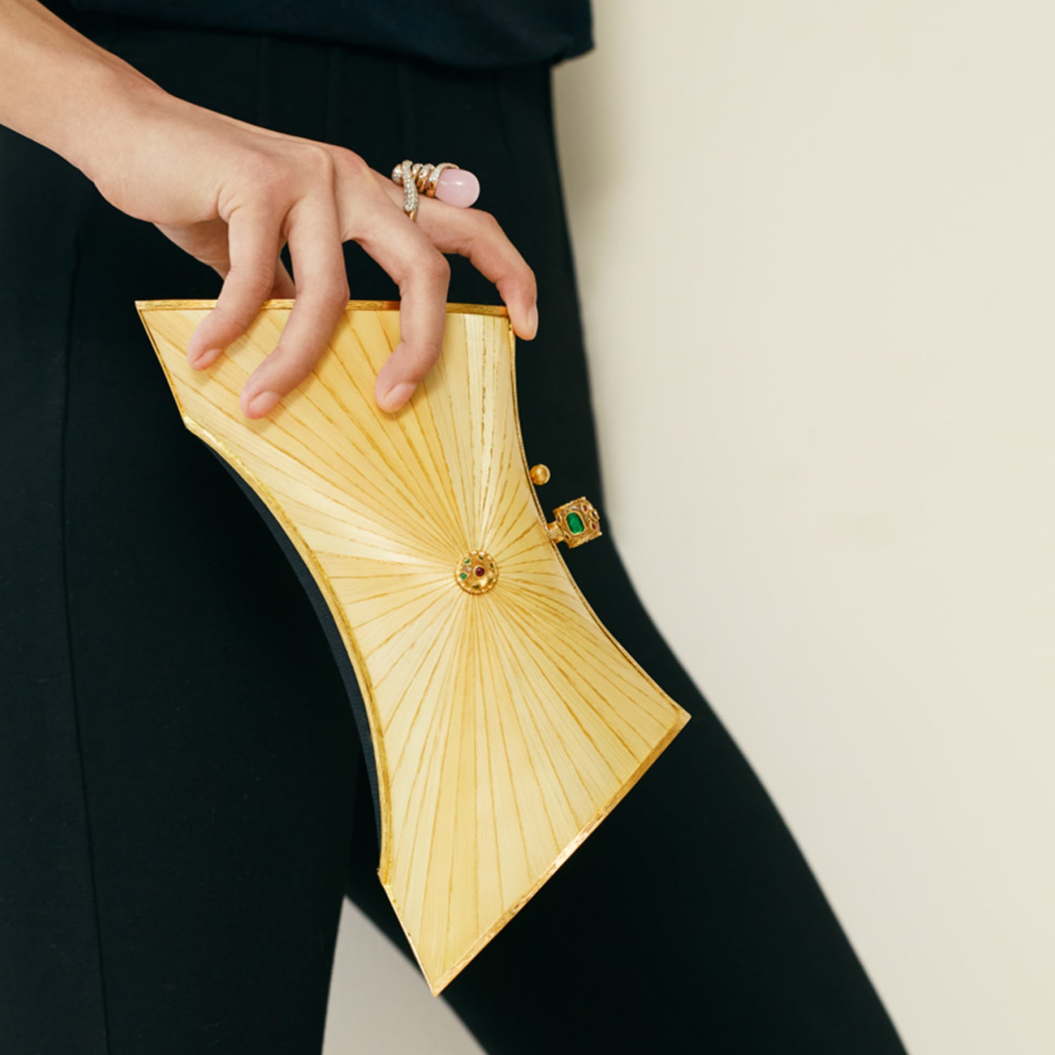 Marquetry Saddle Clutch Bag with Crystal Kundan