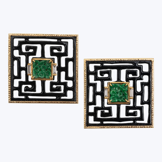 Chinese Knot Earrings with Jade and Diamonds