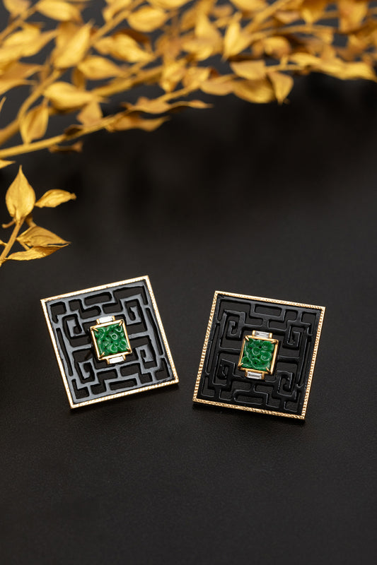 Chinese Knot Earrings with Jade and Diamonds