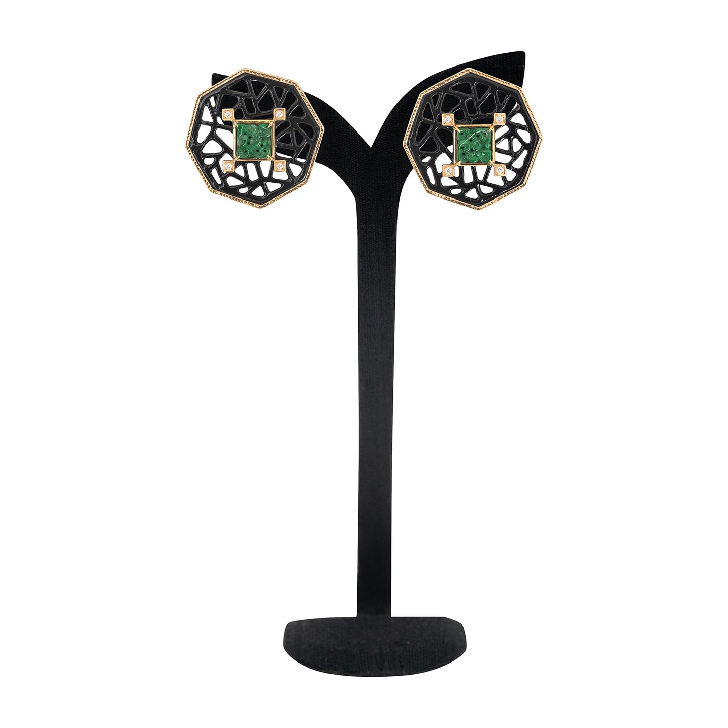 Octagon Art Deco Earrings with Carved Jade and Diamond