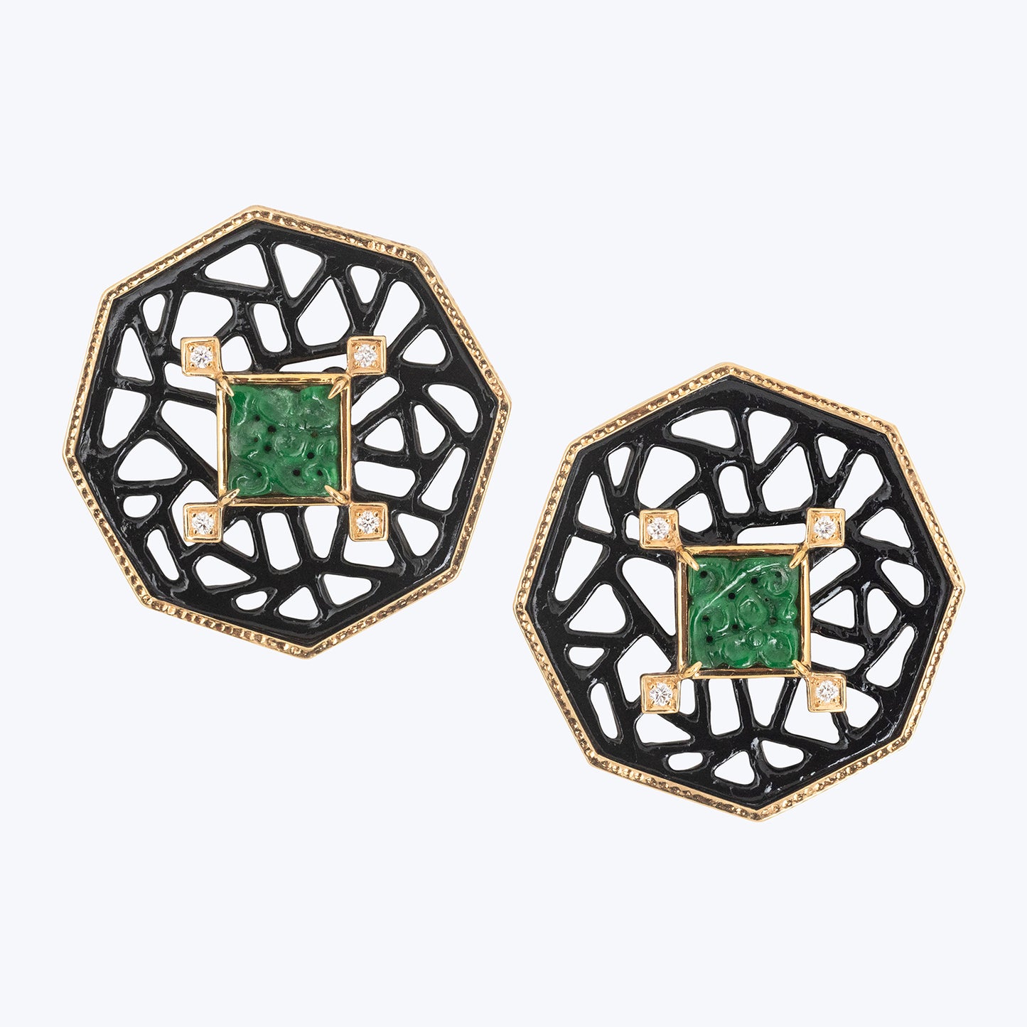 Octagon Art Deco Earrings with Carved Jade and Diamond