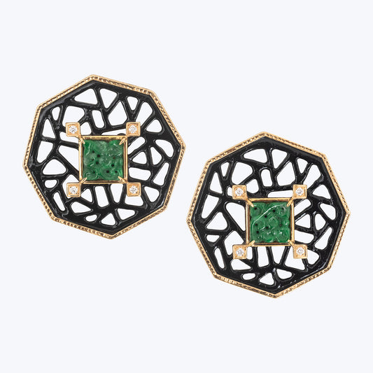 Octagon Art Deco Earrings with Carved Jade and Diamond
