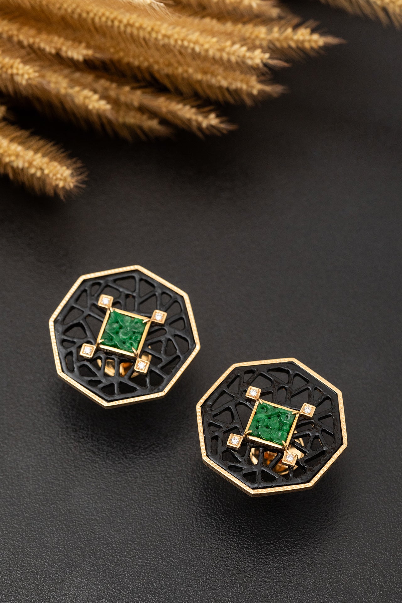 Octagon Art Deco Earrings with Carved Jade and Diamond