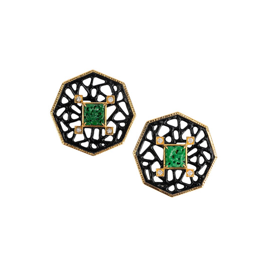 Octagon Art Deco Carved Jade and Diamond Earrings