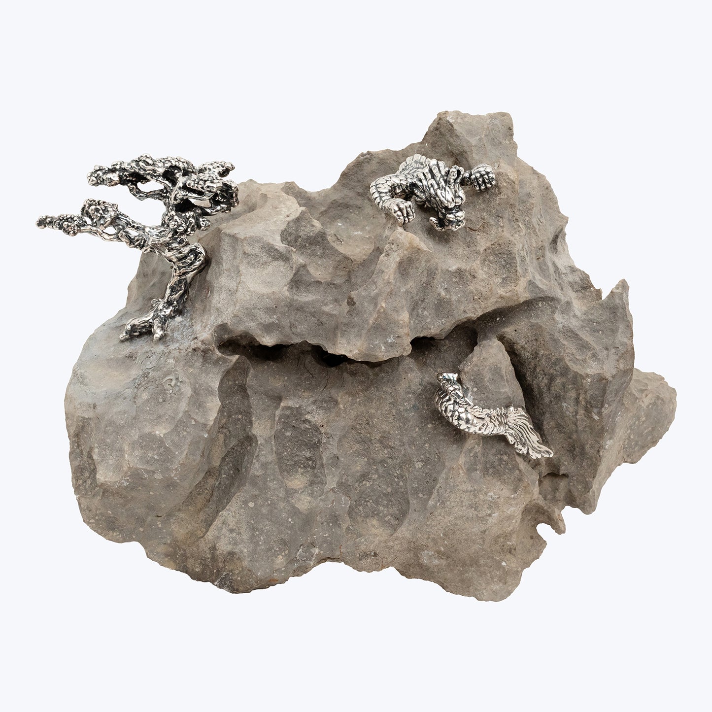 Spiritual Guangxi Stone with Silver Dragon and Bonsai