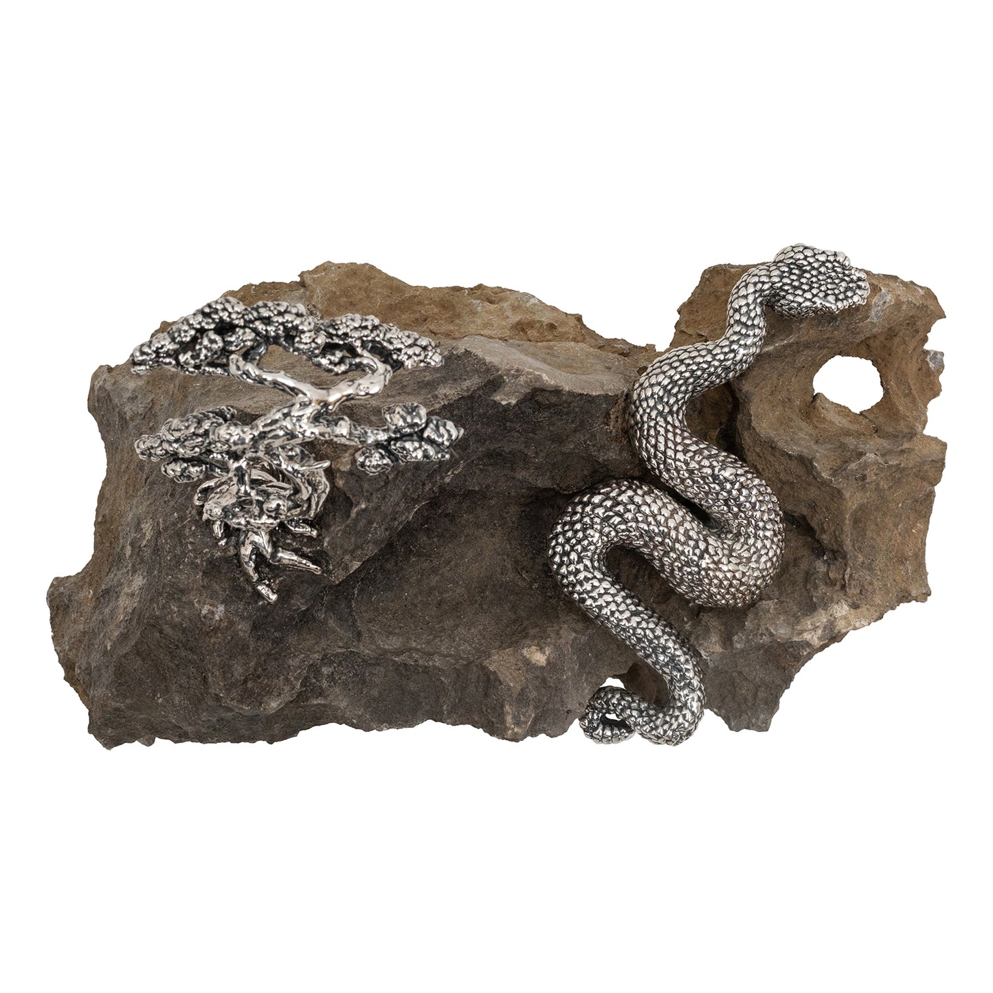 Spiritual Guangxi Stone with Silver Snake and Bonsai