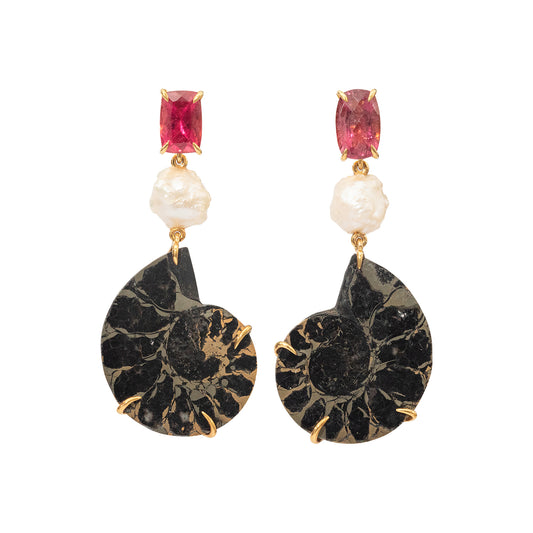 Ammonite Fossil Earrings with Rosebud Pearl and Rubellites