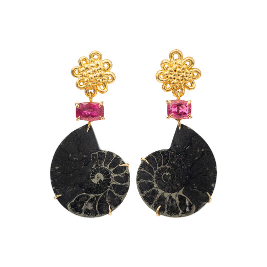 Ammonite Fossil Earrings with Madagascar Pink Rubellite and Golden Endless Knots