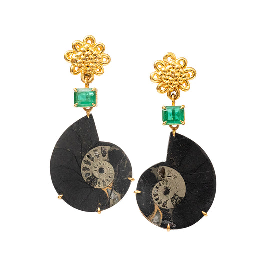Moroccan Ammonite Spiral Earrings with Zambian Emeralds and Endless Knots