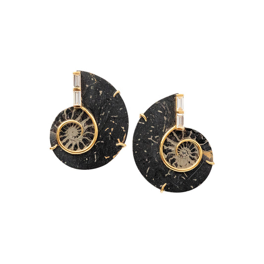 Ammonite Fossil Earrings with Gold-Lined Spirals and Baguette Diamonds