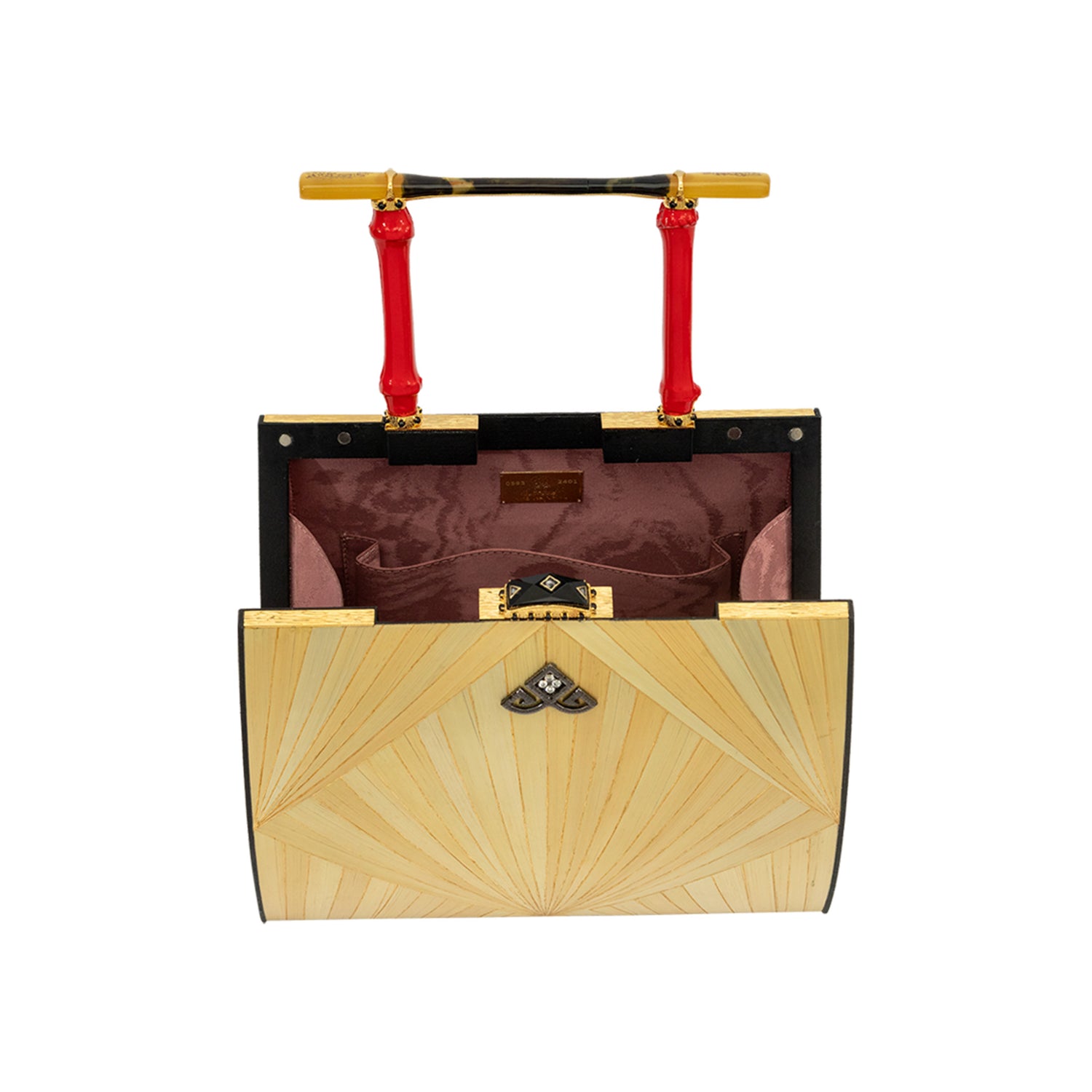 Marquetry Handbag with Onyx Kundan, Diamond and Bakelite Hair Pin Handle
